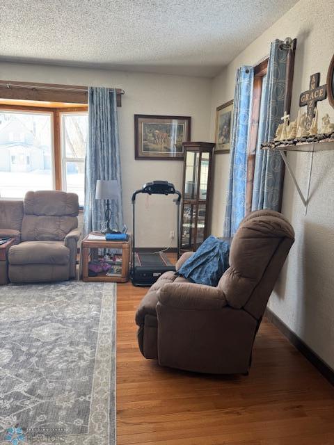 living room with hardwood / wood-style flooring and a textured ceiling