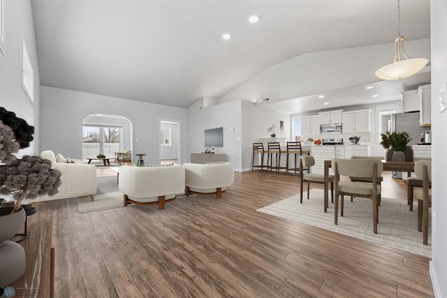 living room with wood-type flooring and high vaulted ceiling