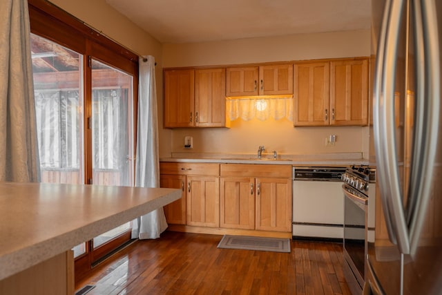 kitchen with appliances with stainless steel finishes, dark hardwood / wood-style floors, sink, and plenty of natural light