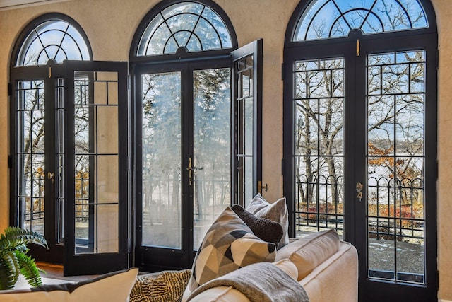 doorway to outside featuring french doors and a healthy amount of sunlight