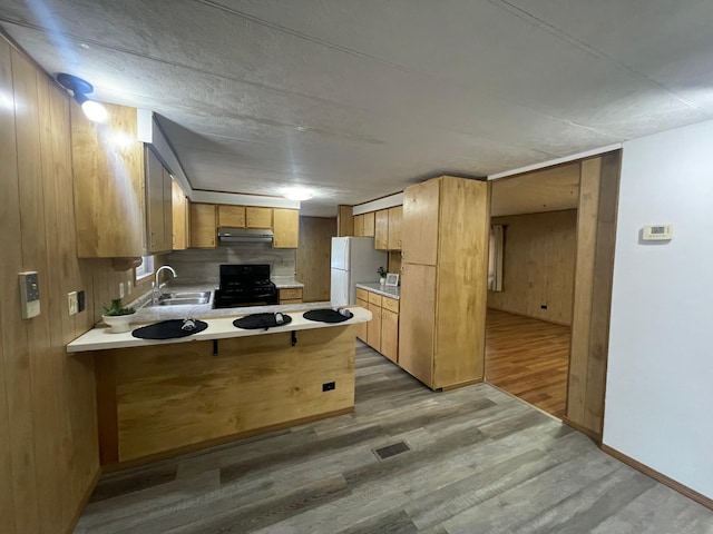 kitchen with a peninsula, a sink, light countertops, black range oven, and freestanding refrigerator