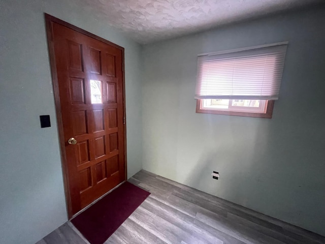 foyer entrance with light wood-style flooring and a textured ceiling