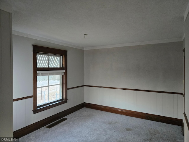 unfurnished room with crown molding, carpet, and a textured ceiling