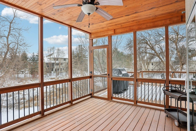 unfurnished sunroom with wood ceiling and ceiling fan