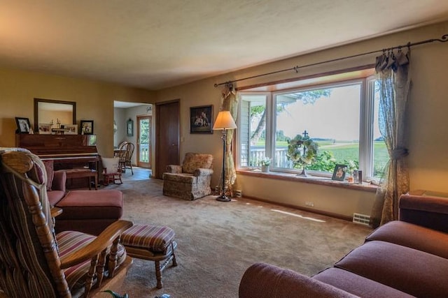 living room featuring light carpet