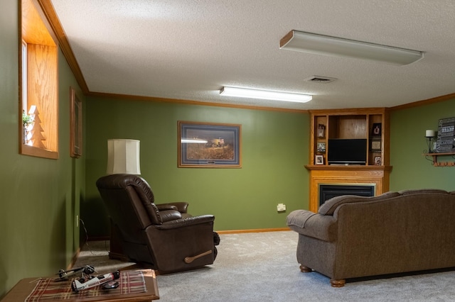 living room with carpet floors, ornamental molding, and a textured ceiling