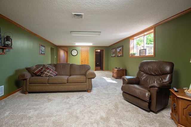 carpeted living room featuring crown molding and a textured ceiling