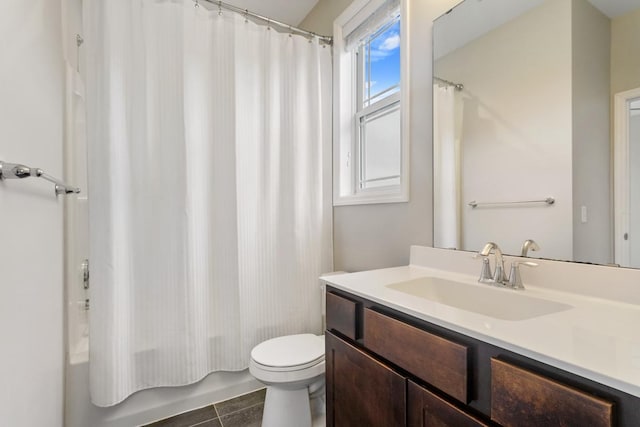 full bathroom with vanity, toilet, and shower / tub combo with curtain