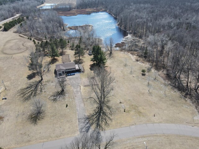 aerial view featuring a water view and a wooded view