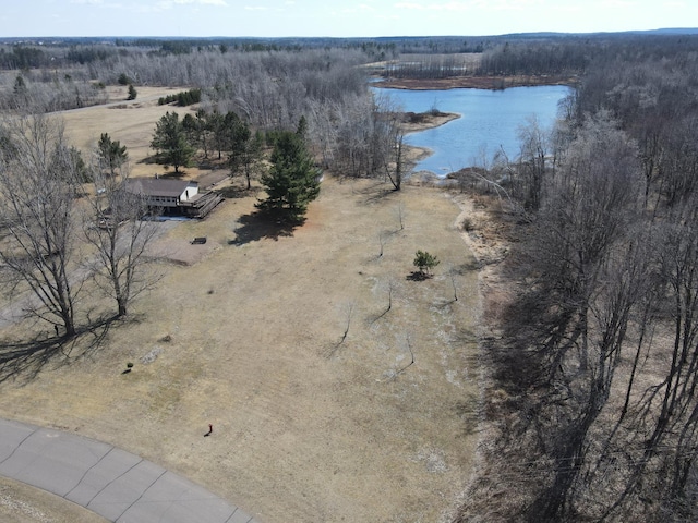 aerial view featuring a water view and a forest view