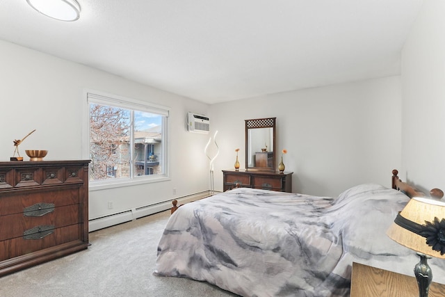 carpeted bedroom featuring an AC wall unit and a baseboard radiator