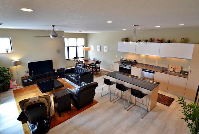 living room featuring sink, light hardwood / wood-style flooring, a textured ceiling, and ceiling fan