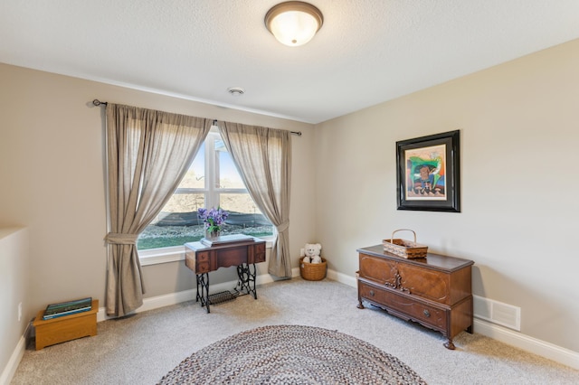 interior space featuring carpet floors, visible vents, and baseboards