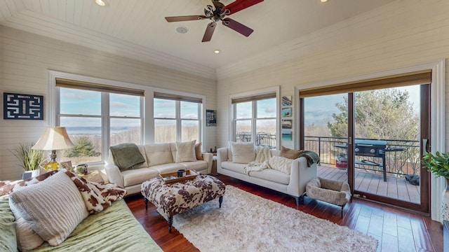 living room with dark wood-style flooring, ceiling fan, and recessed lighting