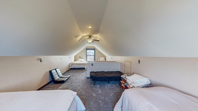bedroom with lofted ceiling and carpet floors