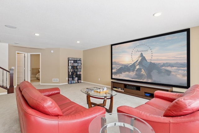 carpeted home theater room with visible vents, baseboards, and recessed lighting