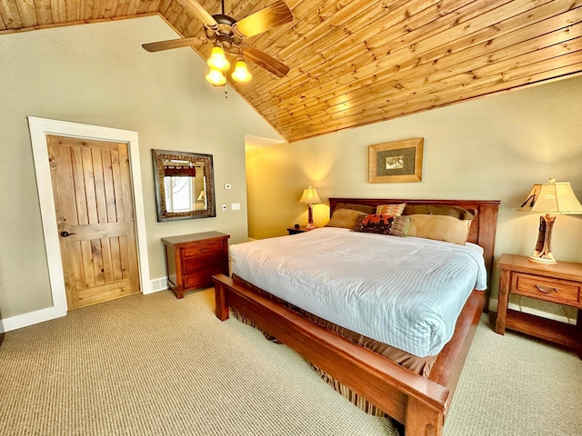 bedroom with light carpet, wood ceiling, vaulted ceiling, and ceiling fan