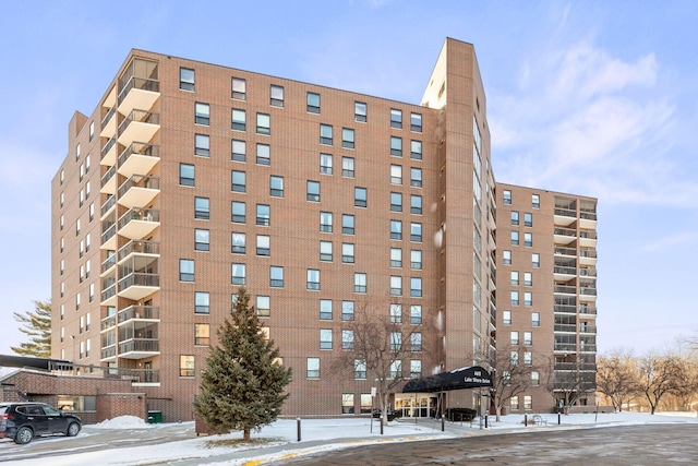 view of snow covered building