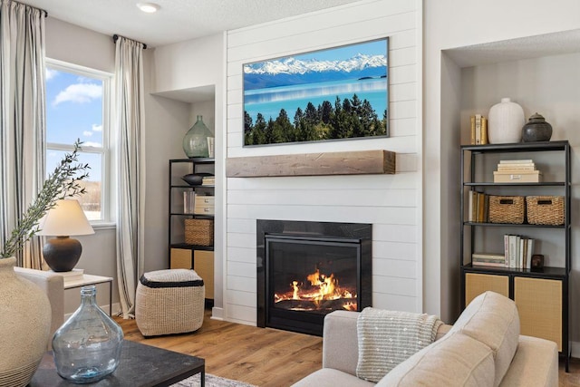 living room with wood finished floors and a glass covered fireplace