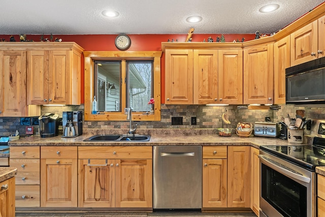 kitchen featuring decorative backsplash, stainless steel appliances, and sink