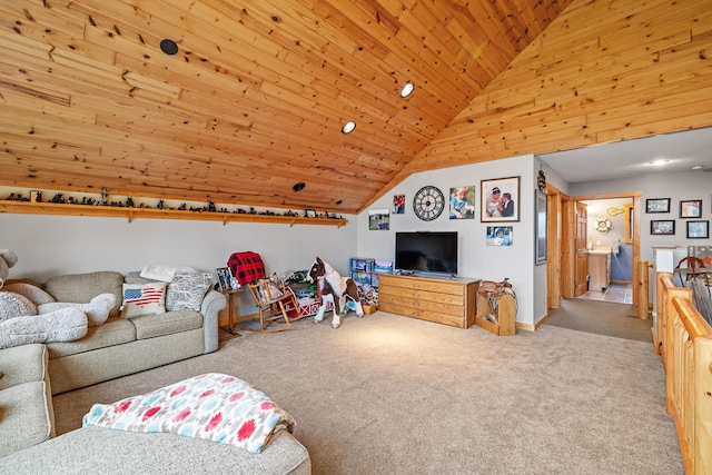 living room with high vaulted ceiling, wooden ceiling, and light colored carpet