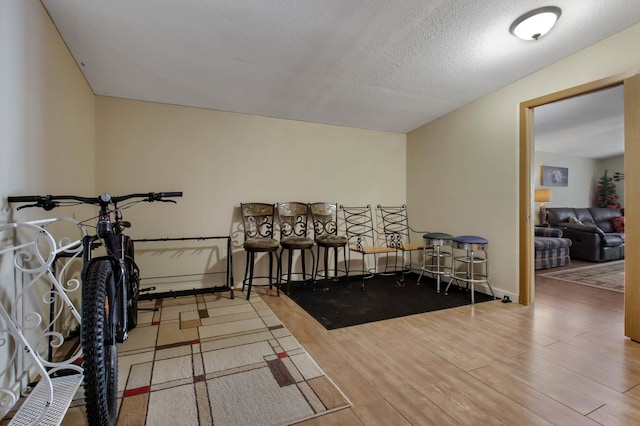 interior space with wood-type flooring and a textured ceiling