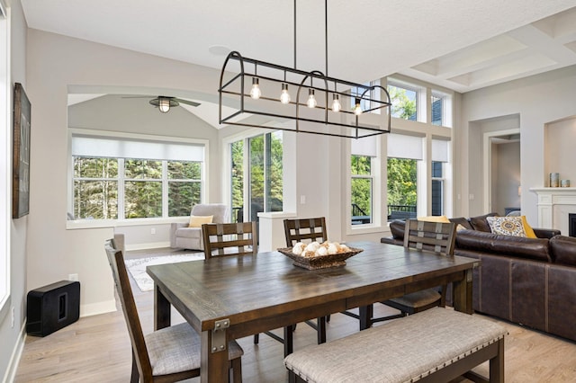 dining room featuring coffered ceiling, ceiling fan with notable chandelier, light hardwood / wood-style flooring, and beamed ceiling