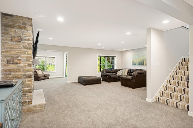 living room with light colored carpet