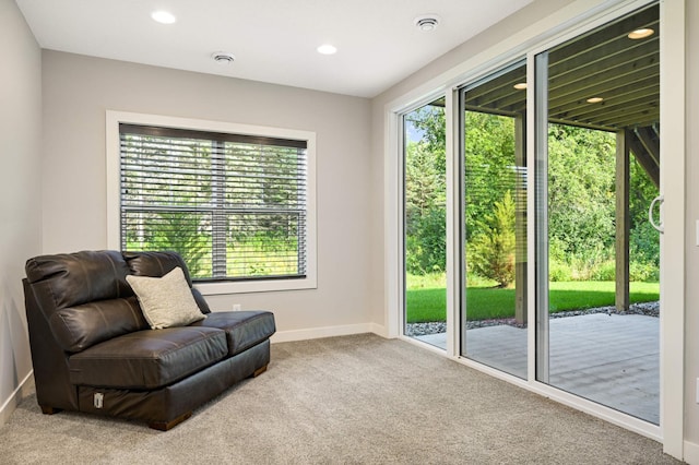 sitting room with plenty of natural light and carpet