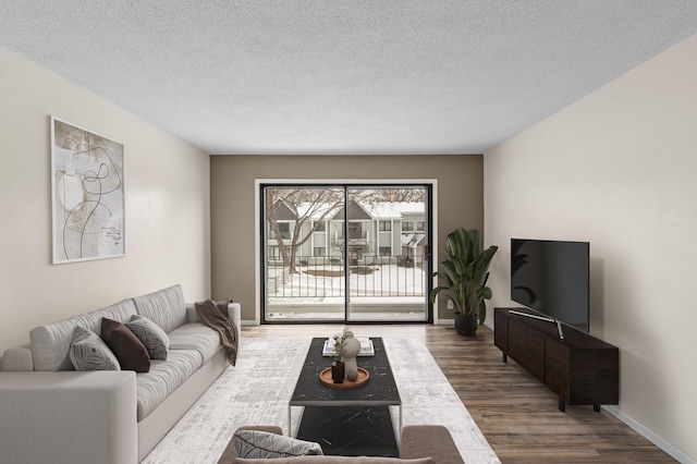 living room featuring hardwood / wood-style flooring and a textured ceiling