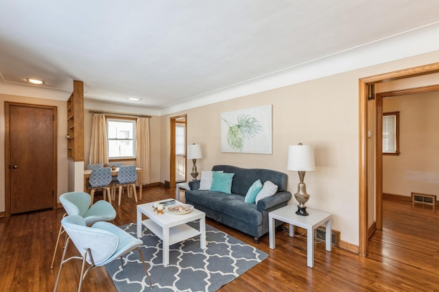 living room featuring dark wood-type flooring