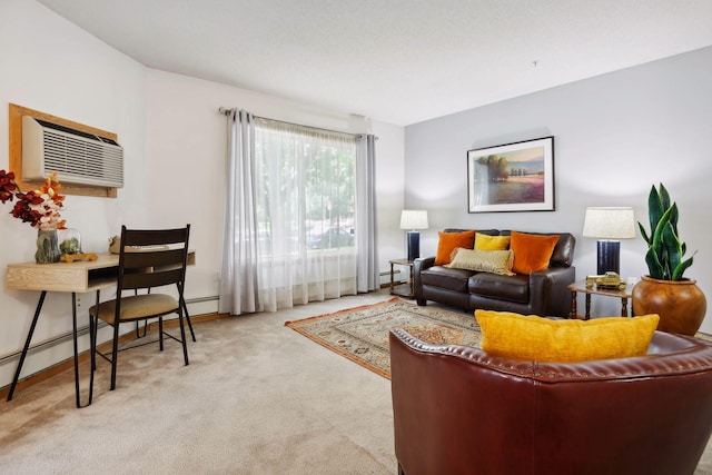 living room with baseboard heating, a wall unit AC, and light carpet