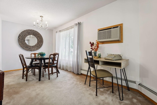 dining area with light colored carpet, a wall mounted air conditioner, a textured ceiling, and a notable chandelier