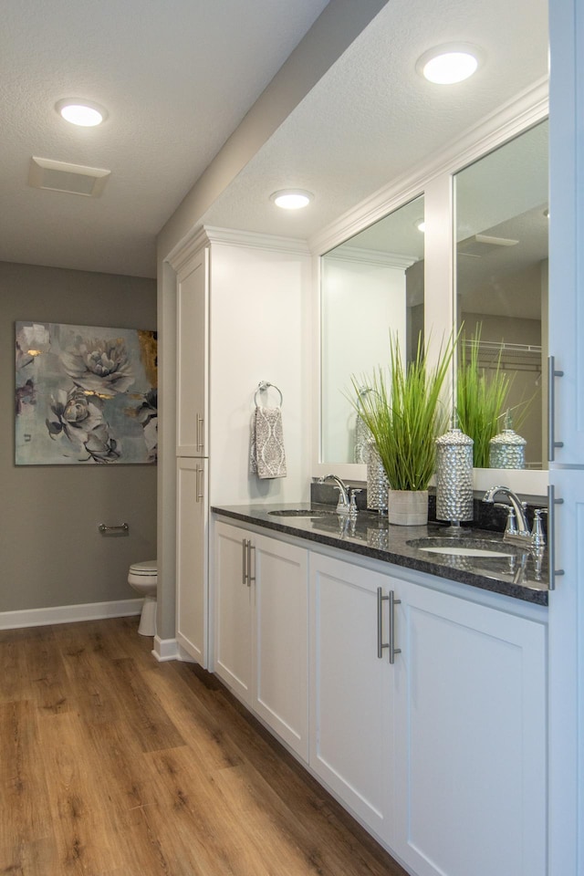 bathroom featuring hardwood / wood-style flooring, vanity, and toilet