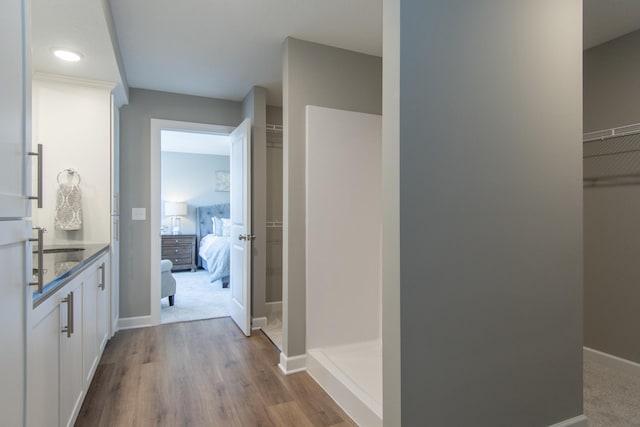 bathroom with vanity and wood-type flooring