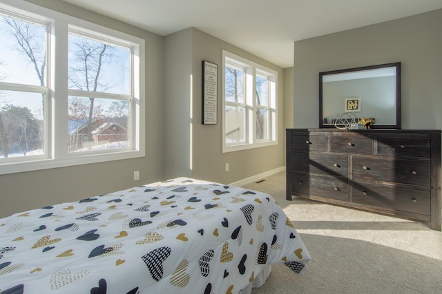 bedroom with multiple windows and light carpet