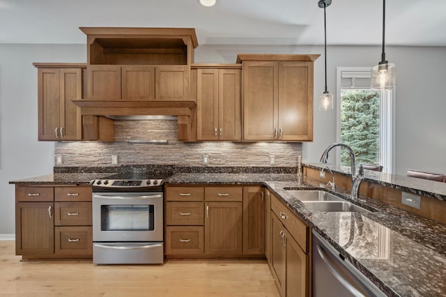 17365 Hanson Ct, Eden Prairie, MN 55347 - kitchen with appliances with stainless steel finishes, a sink, backsplash, decorative light fixtures, and dark stone countertops