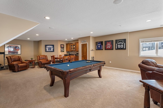 17365 Hanson Ct, Eden Prairie, MN 55347 - rec room with light colored carpet, billiards table, recessed lighting, a textured ceiling, and baseboards
