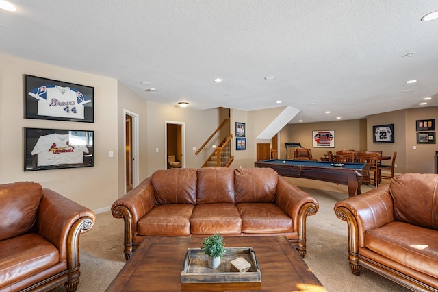 17365 Hanson Ct, Eden Prairie, MN 55347 - carpeted living room featuring pool table, recessed lighting, stairs, baseboards, and a textured ceiling