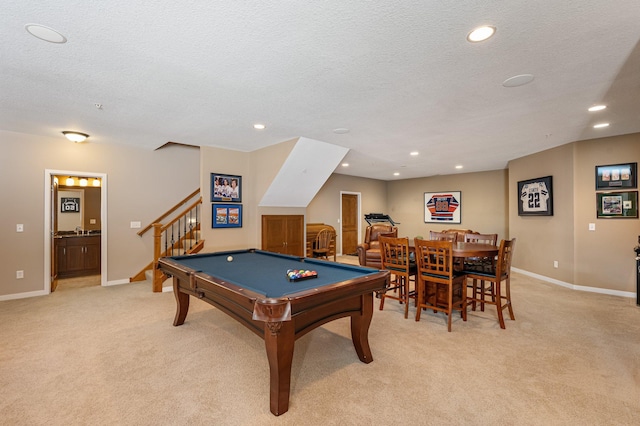 17365 Hanson Ct, Eden Prairie, MN 55347 - playroom with light colored carpet, a textured ceiling, baseboards, billiards, and recessed lighting