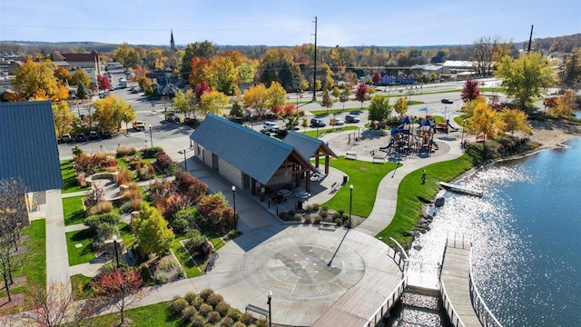 birds eye view of property featuring a water view