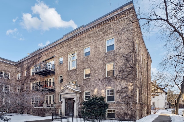 view of snow covered building