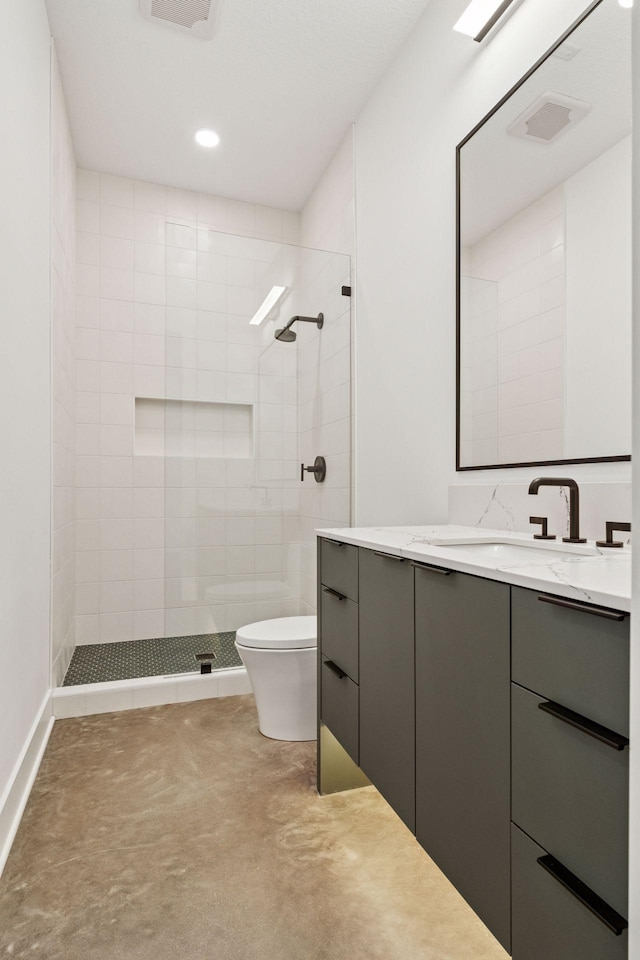 full bathroom with recessed lighting, visible vents, toilet, a tile shower, and vanity