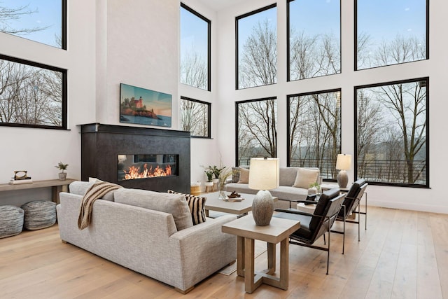 living area with baseboards, hardwood / wood-style floors, and a glass covered fireplace