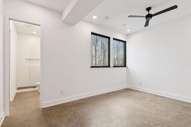 unfurnished bedroom with ceiling fan, connected bathroom, recessed lighting, concrete floors, and baseboards