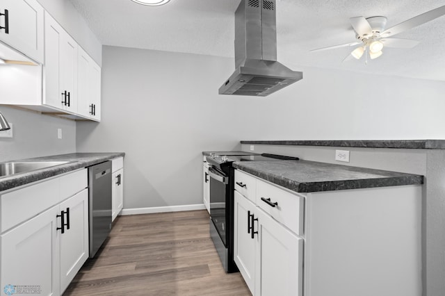 kitchen featuring sink, electric range, white cabinets, island exhaust hood, and stainless steel dishwasher