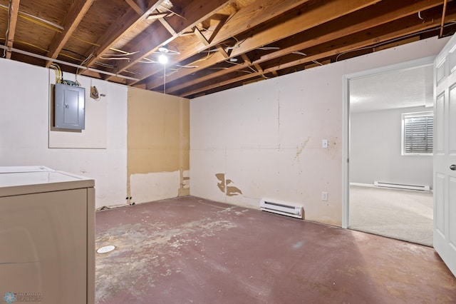 basement featuring electric panel and baseboard heating