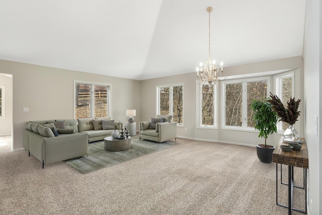 living room with an inviting chandelier, vaulted ceiling, carpet flooring, and baseboards