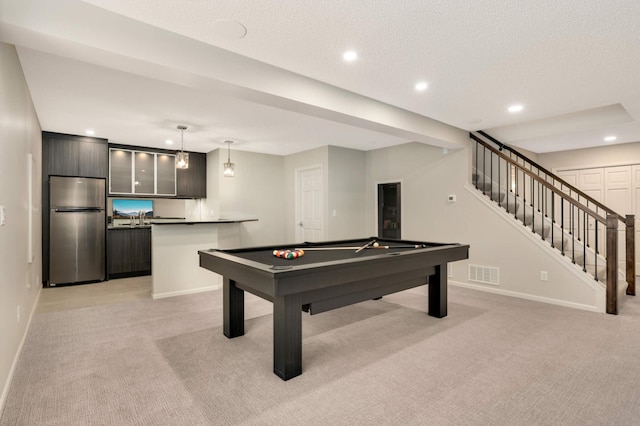 game room with recessed lighting, visible vents, light carpet, and baseboards