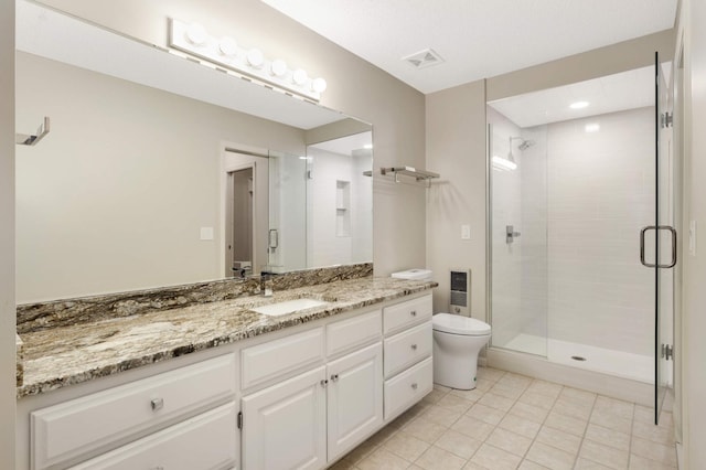 bathroom with vanity, visible vents, a stall shower, tile patterned floors, and toilet